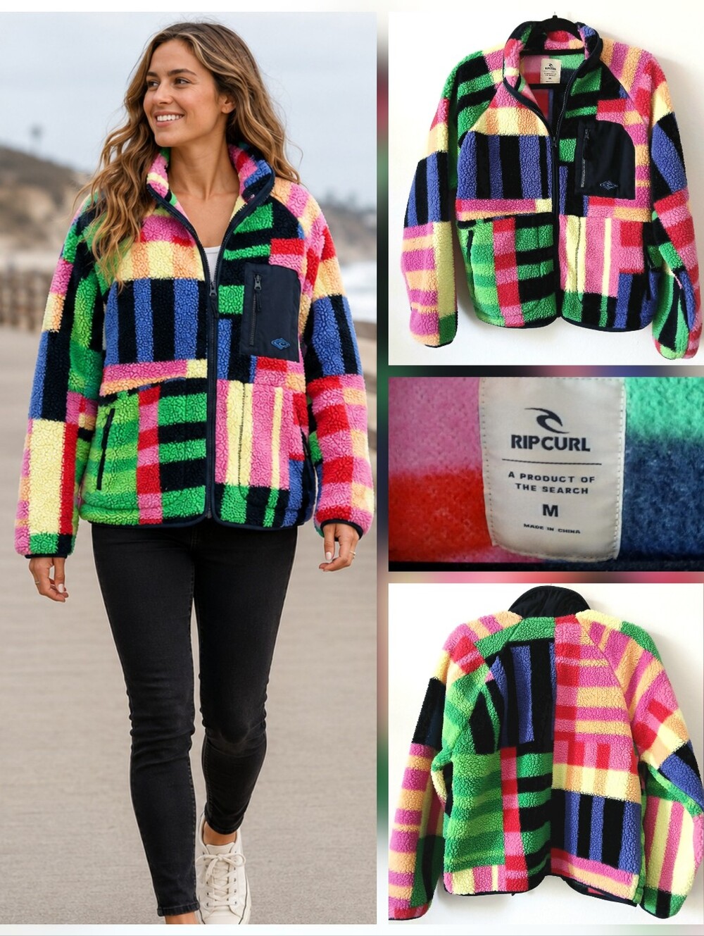 RIP CURL Colorful Geometric Sherpa Fleece Full-Zip Jacket Women's Size M